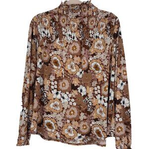 elloday Floral Boho Smocked Mock Neck Blouse Brown Cream XL